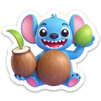Stitch holding a coconut, grinning mischievously, 3D emoji style sticker