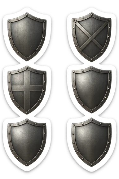 6 scudi che simboleggiano "difesa e protezione", realistici in 3d fluttuano in aria, iperrealistico 4k sticker