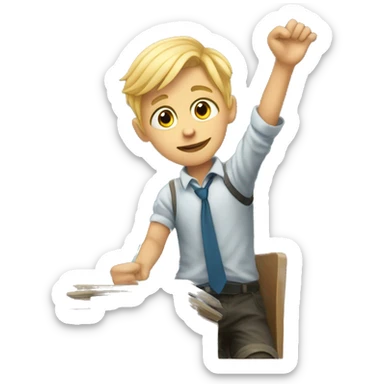 blonde boy is sitting at school desk, hand is raised sticker