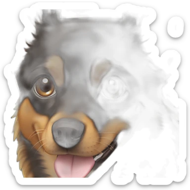 black and brown mutt dog with mostly german shephard head but larger chihuahua eyes with large overbite with left upper sharp canine tooth crooked even with closed mouth sticker