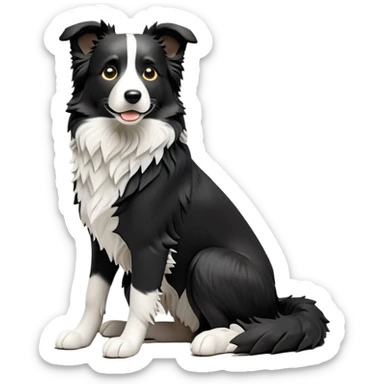 cinematic-[border collie dog]-realistic-full-body-sitting-emoji,-tail-resting-loosely-beside-its-paws,-head-tilted-dramatically,-scruffy-[black and white]-fur,-simplified-yet-realistic-focused-features,-highly-detailed,-glowing-with-an-almost-sarcastic-glow sticker