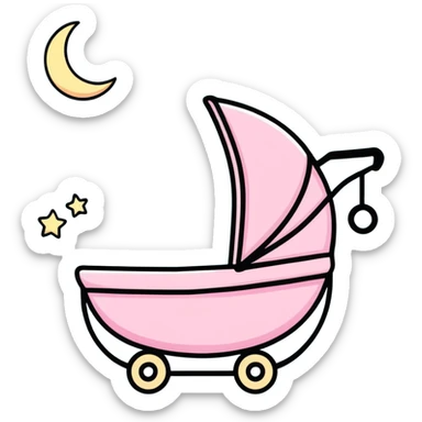 sleeping baby in pink and beige stroller under a crescent moon with sparkling stars and pastel blue clouds sticker