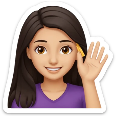 Girl with brown eyes and bold eyelashes and long dark hair and smiling wiping her forehead in relief with one hand sticker