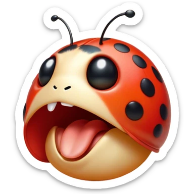 Cinematic Adorable Yawning Ladybug Portrait Emoji, Head tilted slightly with a dramatic, wide-open yawn, showcasing a small, rounded form with softly drooping wings and sleepy, half-closed eyes, Simplified yet irresistibly cute features, highly detailed, glowing with a soft, cozy red glow, high shine, relaxed yet expressive, stylized with a dash of whimsical nature charm, soft glowing outline, capturing the essence of a drowsy ladybug that appears ready to stretch and yawn its way out of the screen! sticker