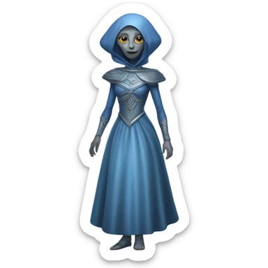 a gray alien woman, full body, in blue Romanov dress sticker