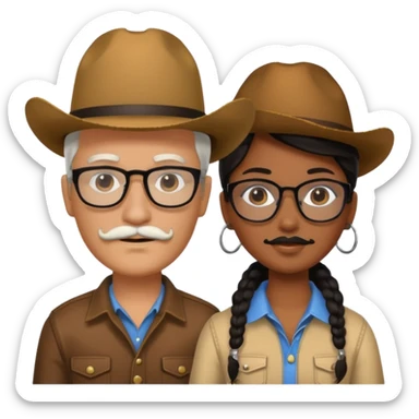 White brown cow boy with black glasses and mustache with a black black girl sticker