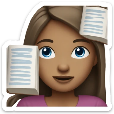 girl with long brown hair, blue eyes and book or laptop sticker
