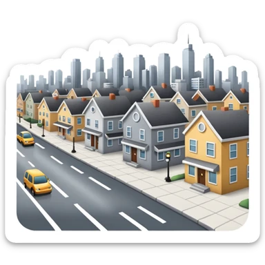 a small city,with buildings, streets, with it's calm transit sticker