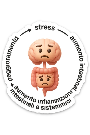 EMOJI STILE IPHONE 3D DI un cerchio con queste scritte che girano intorno "stress → peggioramento intestinale → aumento infiammazione → peggioramento sintomi intestinali e sistemici." al centro del cerchio metti un cervello e intestino umani collegati verticalmente con espressione dubbiosa in volto, FALLO MOLTO REALISTICO IN 3D sticker
