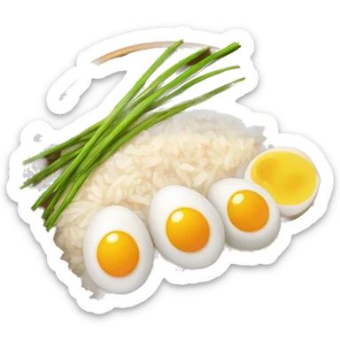 a bowl of rice with two eggs and two whole chicken sticker