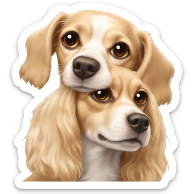 Tan and white chihuahua cocker spaniel mix happy, shorter ears + blonde girl snuggling the dog sticker