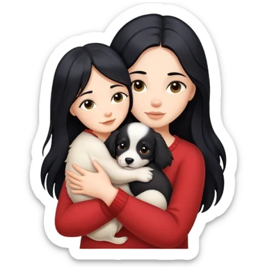 A woman with long black hair hugs a puppy tightly sticker