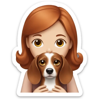 Auburn haired girl with blue eyes holding a cream dachshund  sticker