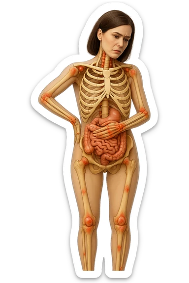 donna realistica a figura intera con red spot sparsi alle ossa, ossa del corpo visibili sul corpo, non sul volto iperrealistico 4k sticker