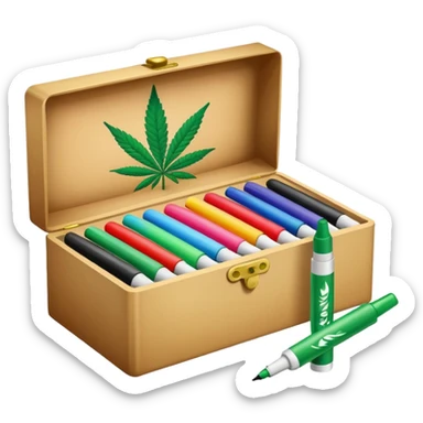 a box of colorful permanent markers with cannabis leaf sticker