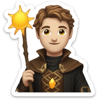 A sun warlock who is pale with brown hair and is holding a black kitten sticker