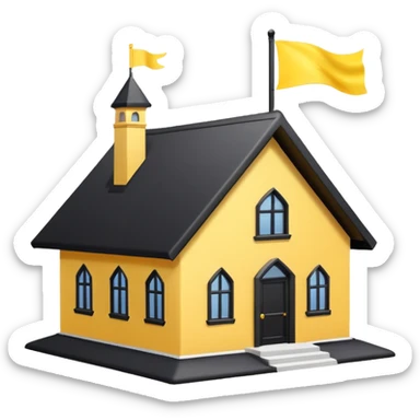 simple magic school, white background, magic school, black roof, with a big flag, big flag on a roof, big yellow flag, white school sticker