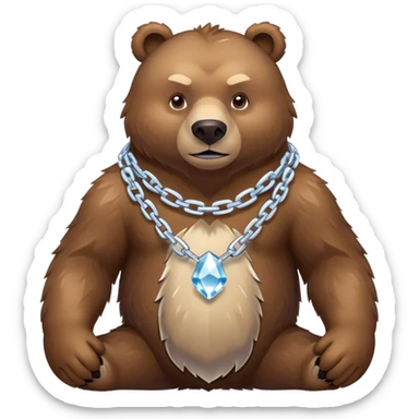 Fierce brown bear walking on four paws with an ice chain necklace, frozen chain links made of crystal clear ice, serious face sticker