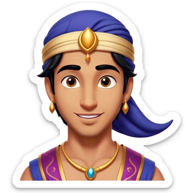 Cinematic Realistic Aladdin Portrait, head tilted playfully and inquisitively, showcasing his roguish charm and bright, mischievous eyes. His signature attire is rendered in exquisite detail with dynamic natural highlights, and a hint of magic sparkles about him—embodying a youthful, adventurous energy with friendly power. sticker
