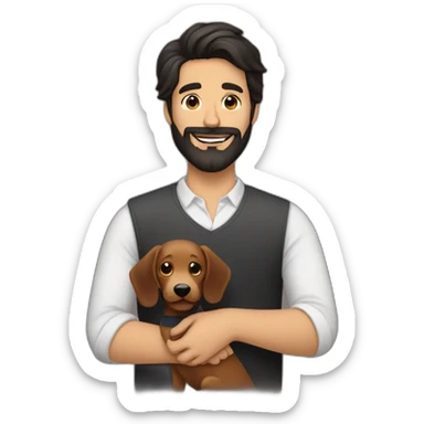 dark haired man with beard petting a daschshund sticker