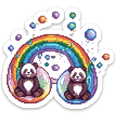 Cinematic still pandas bears sitting inside bubbles flying around San Francisco downtown, sunny summer day, happy vibe, colorfull surround, rainbow sticker