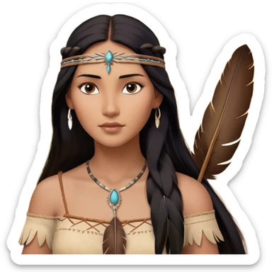 Cinematic Realistic Pocahontas Portrait, depicted with lifelike skin texture, soft natural lighting, and intricately detailed long, flowing raven-black hair that moves gracefully in the wind. Her deep, soulful dark brown eyes exude wisdom and strength, complemented by a serene yet powerful expression. She is shown gently holding a feather in one hand, her other hand resting lightly at her side, embodying the harmonious balance between nature and herself. She is dressed in her classic one-shoulder native American dress, with rich fabric textures and delicate beaded details that catch the light beautifully. The portrait features a soft, sun-kissed glow with a natural, radiant finish, capturing the essence of untamed beauty and deep connection to nature in a realistic and painterly style, evoking a sense of depth and authenticity. sticker