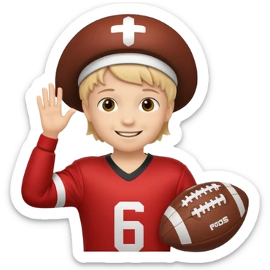 A child stands in a football costume, holding an actor's hat sticker