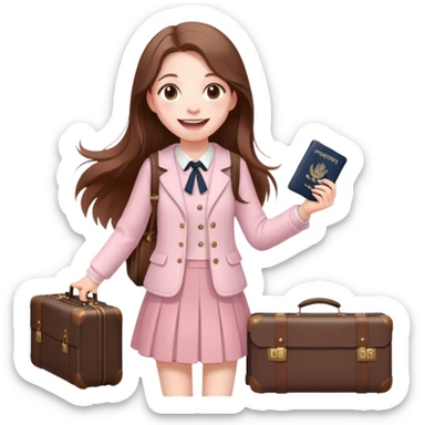 girl with long brown hair with suitcase and passport, cottagecore outfit, excited smile, pale pink sky sticker