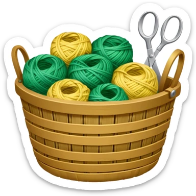 A tidy basket with neatly arranged green and yellow skeins and scissors. sticker
