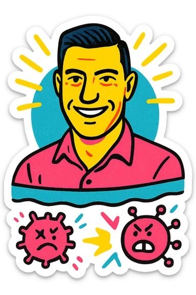 Vertical portrait of a man's face in a pop-art style with a smiling expression. Stylized parasites shatter against a colorful barrier, conveying an atmosphere of victory and well-being. sticker