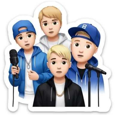 Pop music collage: Justin Bieber, Eminem, Ed Sheeran, and Billie Eilish in signature looks. Stage lights, microphones, and musical notes around them. Transparent background. sticker