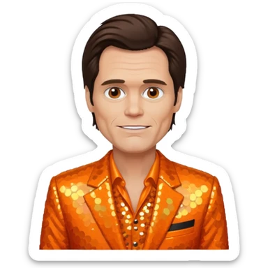Jim Carrey with dark brown hair, orange sequin suit sticker