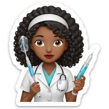 Tan girl with black long curly hair nurse holding syringe sticker