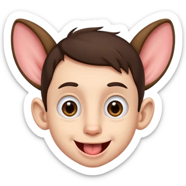 a brunette boy with small eyes with big human ears and with his tongue out sticker