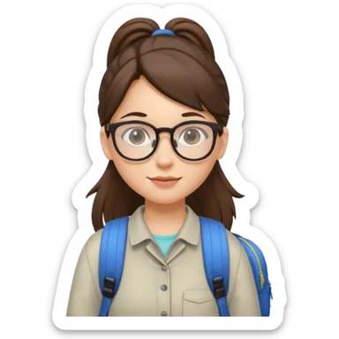 student brunet kid girl, ponytail wearing glasses with backpack sticker
