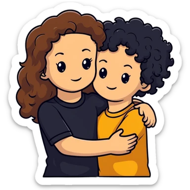 girl with long light brown hair and pale skin hugging a boy with black curly hair and tanned skin sticker