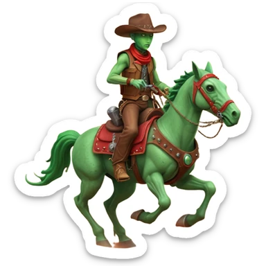 An alien cowboy riding a mechanical horse across a red Martian desert, two moons in the sky, dust storm swirling, wide cinematic shot, dramatic composition, hyper detailed, sci-fi western fusion sticker