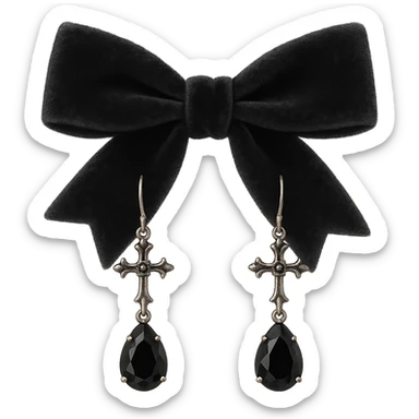 goth earrings, black velvet bow, romantic gothic, soft texture sticker
