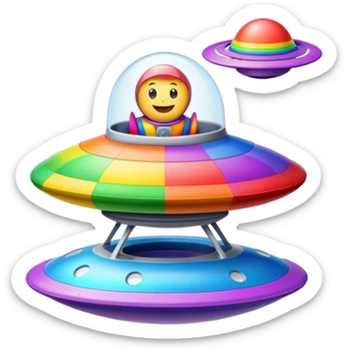 A colorful rainbow crayon character riding on top of a flying saucer UFO in space sticker