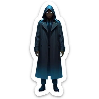 Movie Poster: A tense, gripping design with dramatic lighting. Shadows loom, and ominous shapes emerge from the mist. Suspenseful and cinematic atmosphere.  Include a mysterious figure in a dark coat standing in a rain-soaked alley, with glowing neon signs in the background. Transparent background. sticker