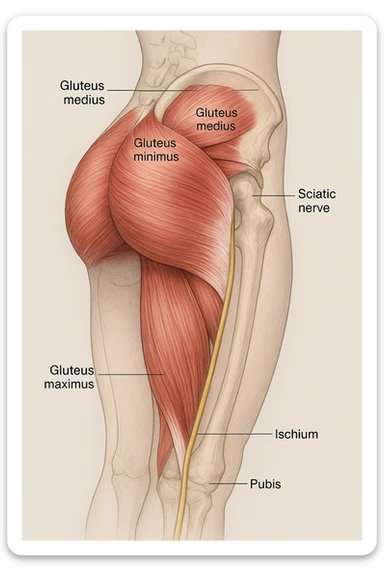 Anatomical view of the female gluteus with highlighted muscles, pelvic bones, and sciatic nerve inspired by the reference photo. Render in a detailed medical style with a neutral background. sticker