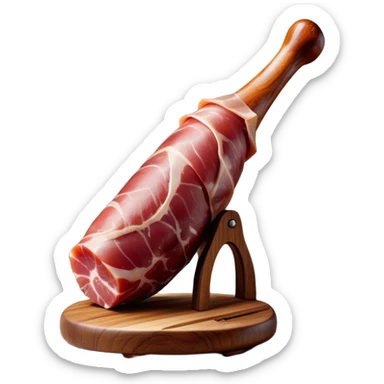 ​Cinematic Realistic Spanish Jamón Leg, depicted as a massive, cured leg of Jamón serrano with a deep reddish-brown hue, intricately marbled and slightly glossy with age, elegantly displayed on a rustic wooden stand and bathed in warm, soft lighting that accentuates its artisanal heritage, sticker