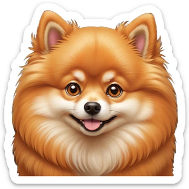 Cinematic Cute Orange Pomeranian Portrait Emoji, Head tilted playfully and inquisitively, featuring a luscious, fluffy orange Fur with a natural sheen, round, sparkling brown eyes filled with curiosity, Simplified yet irresistibly adorable features, highly detailed, glowing with a warm, friendly glow, high shine, affectionate and lively, stylized with a touch of whimsy, bright and endearing, soft glowing outline, capturing the essence of a mischievous yet loving pup, so playful it feels like it could scamper out of the screen and into your arms! sticker