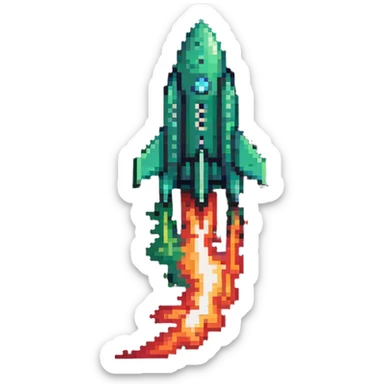 green to red gradient rocket flying diagonally to the upper right corner, with pixel art flame trail sticker