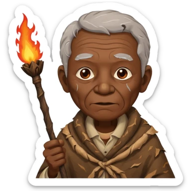 ancient africa old man, tattered animal skin cloth, hold fire stick sticker