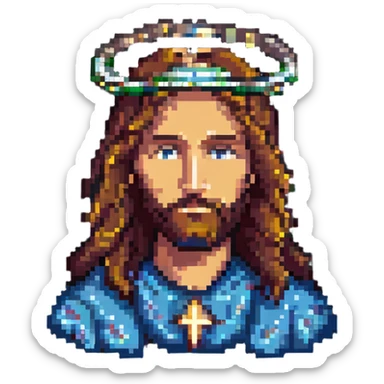 Jesus Christ with halo, long hair and beard, simple pixel art clothing, minimalist background sticker
