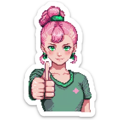 girl with pink topknot haircut and green eyes giving a thumbs up sticker