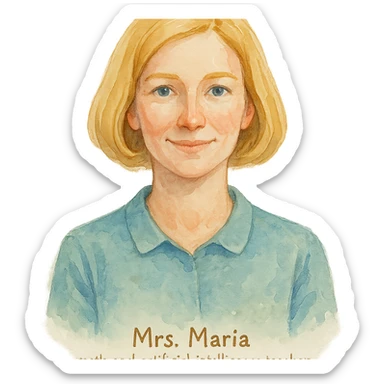 watercolor style Mrs. Maria, math and artificial intelligence teacher, no glasses, thin nose, blonde eyebrows, blonde bob hair, blue eyes sticker