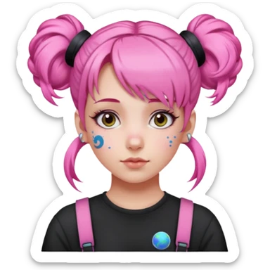 Tattooed girl with space buns and side bang add pink hair sticker