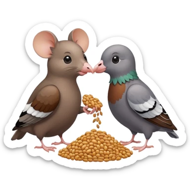 A mouse and a pigeon eating grain together sticker